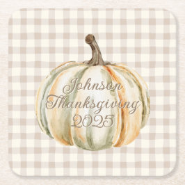 Personalized Family Thanksgiving Neutral Gingham  スクエアペーパーコースター