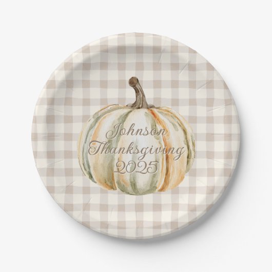 Personalized Family Thanksgiving Neutral Gingham ペーパープレート (正面)