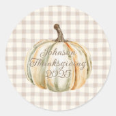 Personalized Family Thanksgiving Neutral Gingham  ラウンドシール (正面)