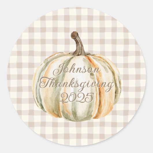 Personalized Family Thanksgiving Neutral Gingham  ラウンドシール (正面)