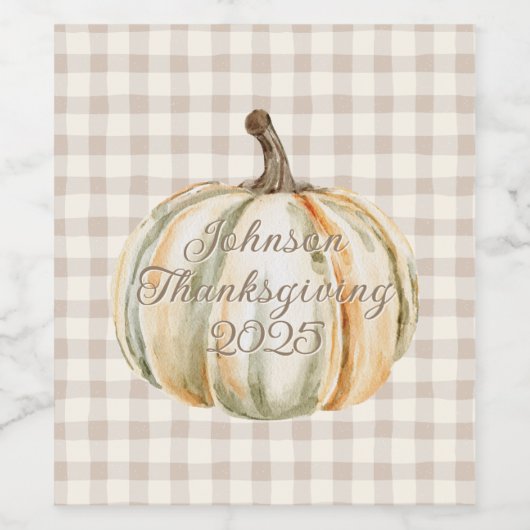 Personalized Family Thanksgiving Neutral Gingham  ワインラベル (シングルラベル)