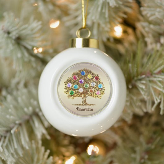 Personalized Family Tree Birthstone Christmas Gold セラミックボールオーナメント (ツリー)