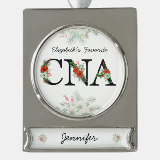 Personalized Favorite CNA Red Floral Christmas シルバープレートバナーオーナメント