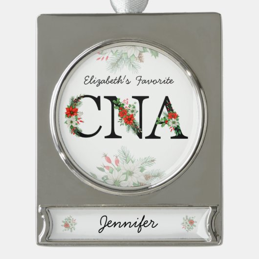 Personalized Favorite CNA Red Floral Christmas シルバープレートバナーオーナメント (正面)