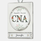 Personalized Favorite CNA Red Floral Christmas シルバープレートバナーオーナメント (左)