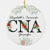 Personalized Favorite CNA Red Floral Christmas セラミックオーナメント (裏面)