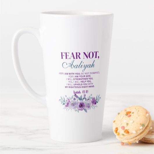 Personalized Fear Not Isaiah 41:10 Purple Floral カフェラテマグ (インサイチュ)