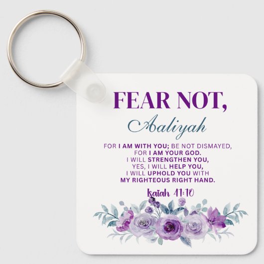Personalized Fear Not Isaiah 41:10 Purple Floral キーホルダー (正面)