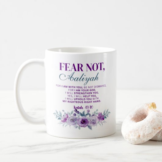 Personalized Fear Not Isaiah 41:10 Purple Floral コーヒーマグカップ (ドーナツ)