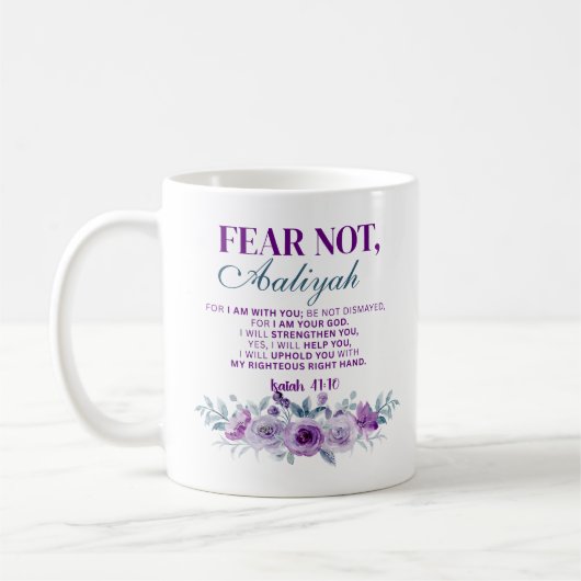 Personalized Fear Not Isaiah 41:10 Purple Floral コーヒーマグカップ (左)
