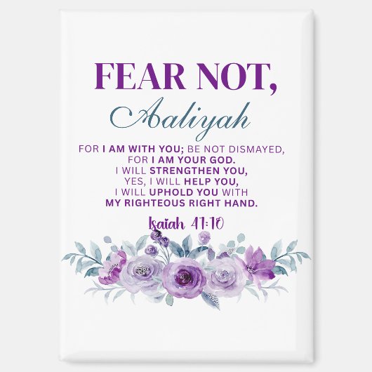 Personalized Fear Not Isaiah 41:10 Purple Floral マグネット (正面)