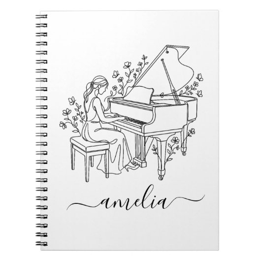 Personalized Female Piano Player Line Drawing      ノートブック (正面)