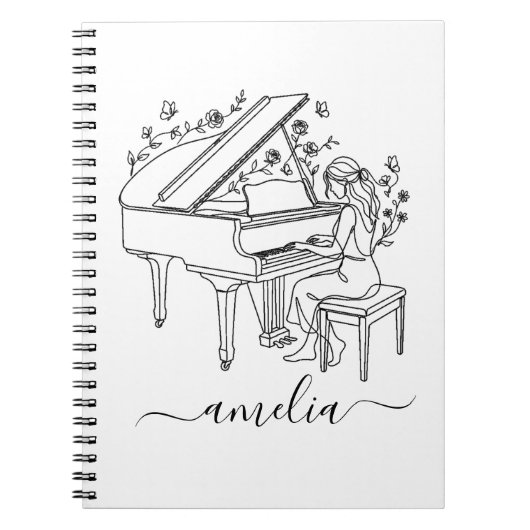 Personalized Female Piano Player Line Drawing      ノートブック (正面)
