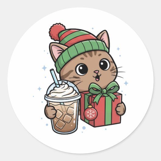 Personalized Festive Cat & Iced Latte Round Sticke ラウンドシール (正面)