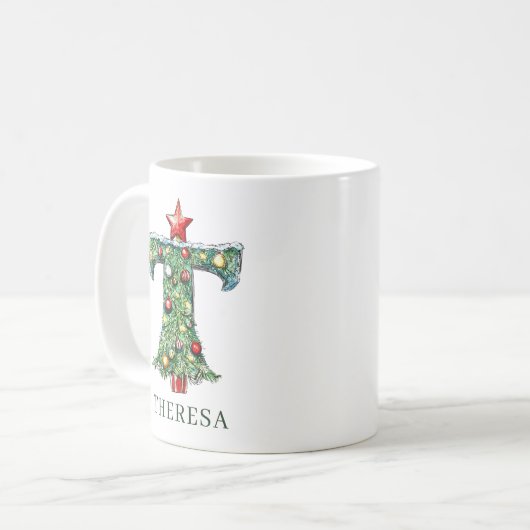 Personalized Festive Christmas Tree Monogram T コーヒーマグカップ (正面左)