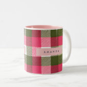 Personalized Festive Pink and Green Plaid ツートーンマグカップ (正面右)