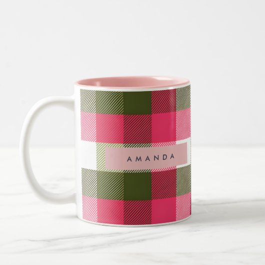 Personalized Festive Pink and Green Plaid ツートーンマグカップ (左)
