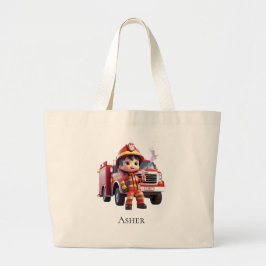 Personalized Firefighter Boy Cartoon Hero ラージトートバッグ