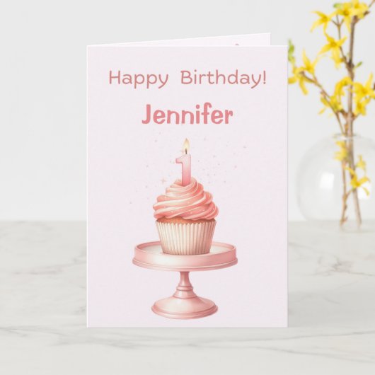 Personalized First Birthday Cupcake Card カード (黄色い花)