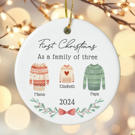 Personalized First Christmas as a Family of 3 セラミックオーナメント