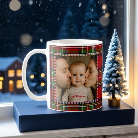 Personalized First Christmas Photo Tartan コーヒーマグカップ