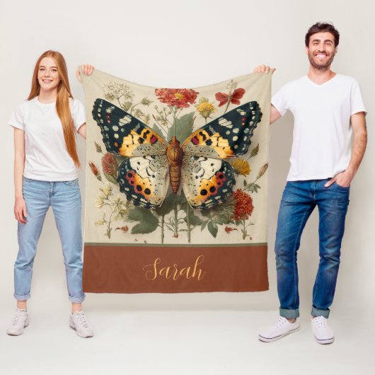 Personalized Fleece Blanket Butterfly Floral Tan フリースブランケット (インサイチュ)