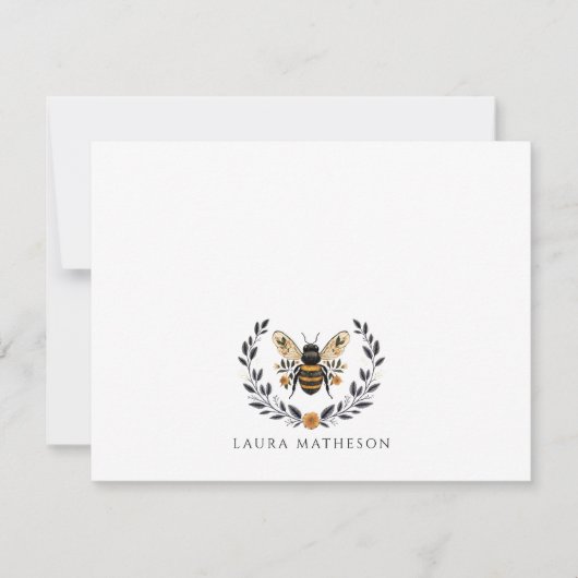Personalized Floral Bee Laurel ノートカード (正面)