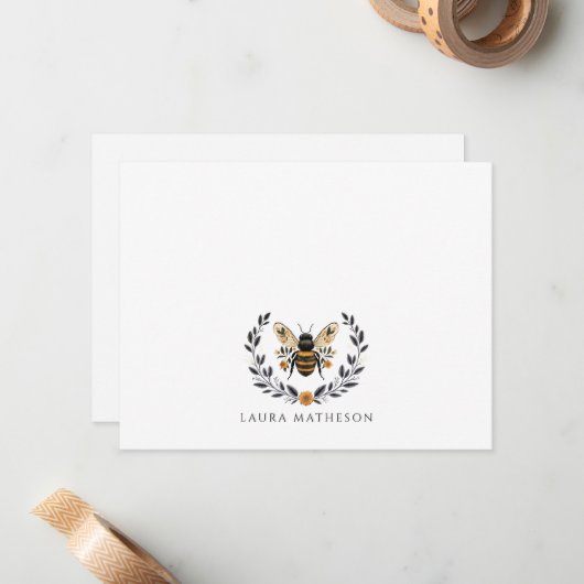 Personalized Floral Bee Laurel ノートカード (正面/裏面インサイチュ)