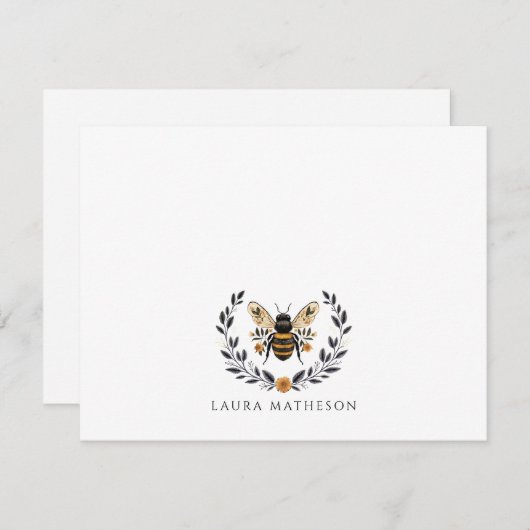 Personalized Floral Bee Laurel ノートカード (正面/裏面)