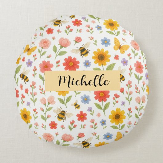 Personalized Floral Bee Round Pillow ラウンドクッション (正面)