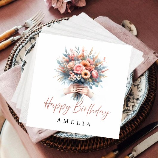 Personalized Floral Birthday Napkins Custom Name スタンダードカクテルナプキン
