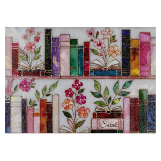 Personalized Floral Bookshelf Glass Cutting Board カッティングボード (正面)