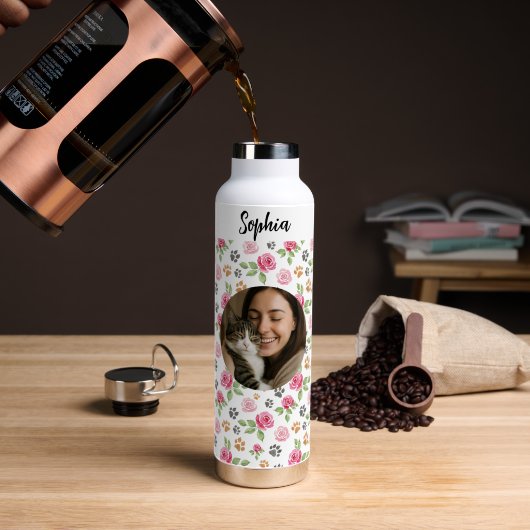 Personalized Floral Cat Mom Water Bottle ウォーターボトル (コーヒー (回転後))