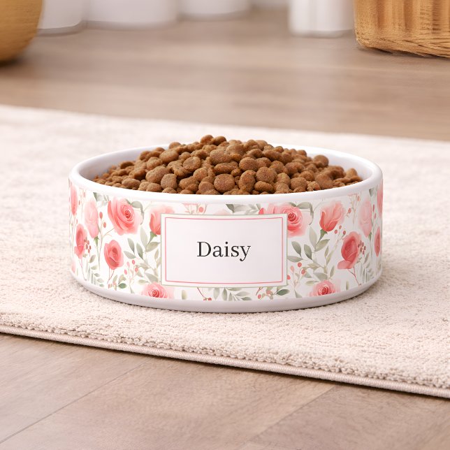 Personalized Floral Dog Bowl with Name ボウル (クリエイターアップロード済み)