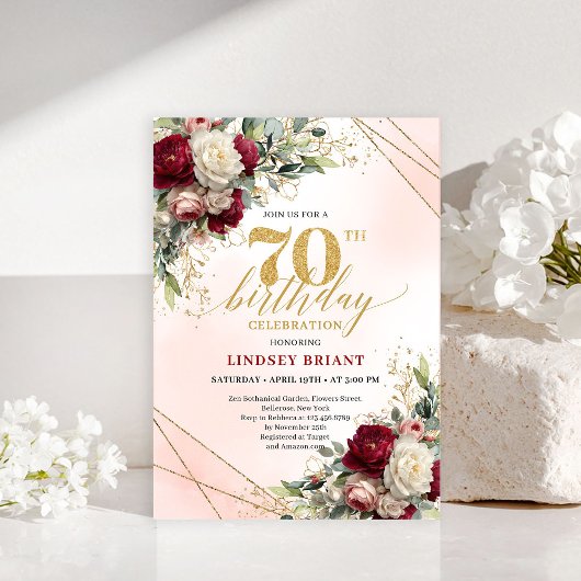 Personalized floral gold 70th birthday invite card 招待状