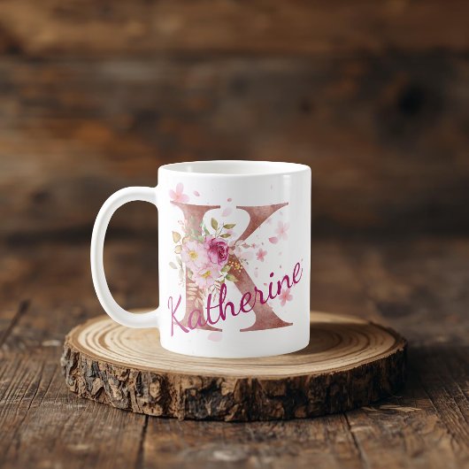 Personalized Floral Initial Mug – Letter K コーヒーマグカップ