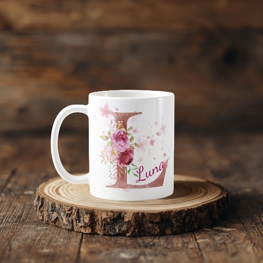 Personalized Floral Initial Mug – Letter L コーヒーマグカップ