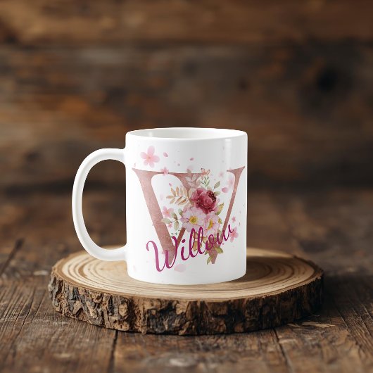Personalized Floral Initial Mug – Letter W コーヒーマグカップ