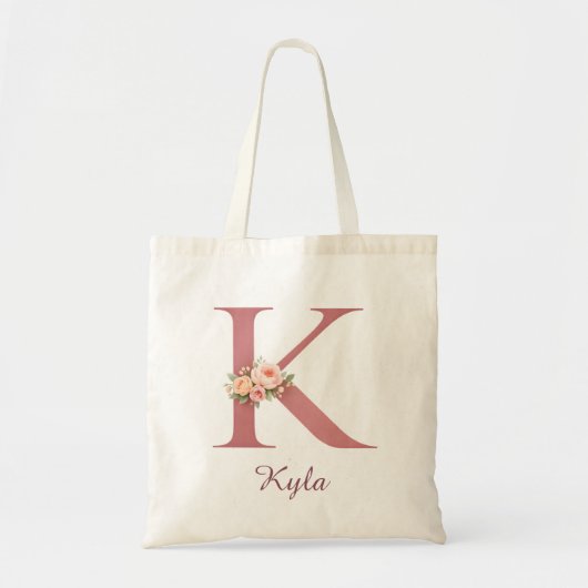 Personalized Floral Letter K Monogram Tote トートバッグ (正面)