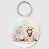 Personalized Floral Monogram 'A' with Cute Ferret  キーホルダー (正面)