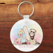 Personalized Floral Monogram 'A' with Cute Ferret  キーホルダー (正面)