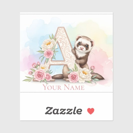Personalized Floral Monogram 'A' with Cute Ferret  シール (シート)