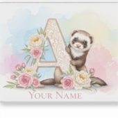 Personalized Floral Monogram 'A' with Cute Ferret  シール (正面)