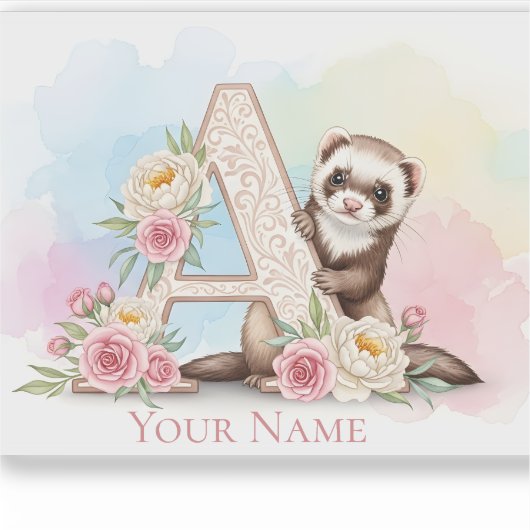 Personalized Floral Monogram 'A' with Cute Ferret シール (正面)