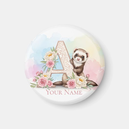Personalized Floral Monogram 'A' with Cute Ferret  マグネット (正面)
