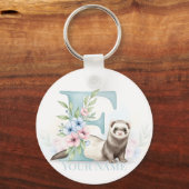 Personalized Floral Monogram 'F' with Cute Ferret  キーホルダー (正面)