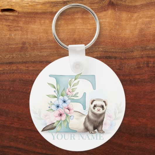 Personalized Floral Monogram 'F' with Cute Ferret  キーホルダー (正面)