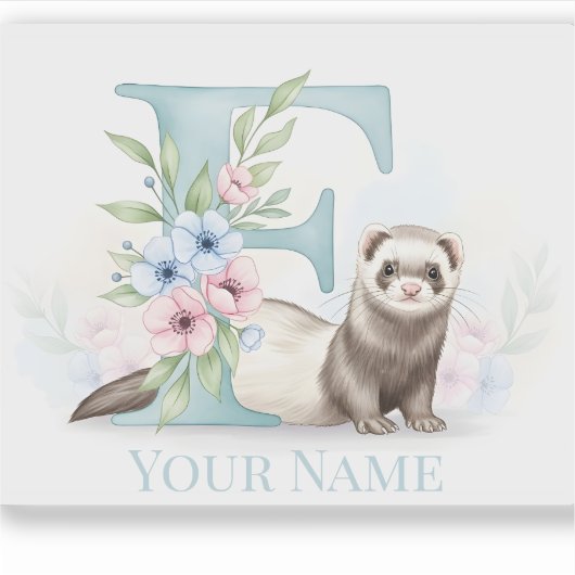 Personalized Floral Monogram 'F' with Cute Ferret  シール (正面)