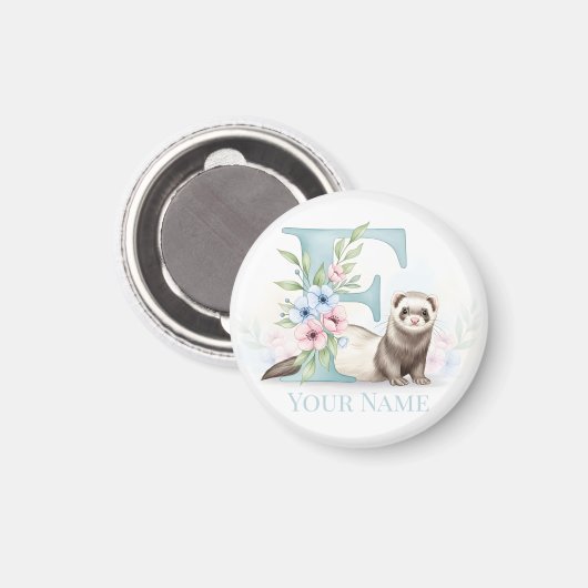 Personalized Floral Monogram 'F' with Cute Ferret  マグネット (正面/裏面)