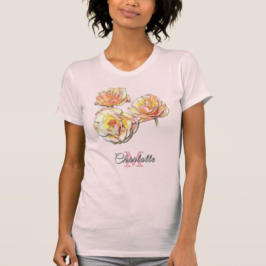 Personalized Floral Monogram Hand Drawn Roses Art Tシャツ (正面)